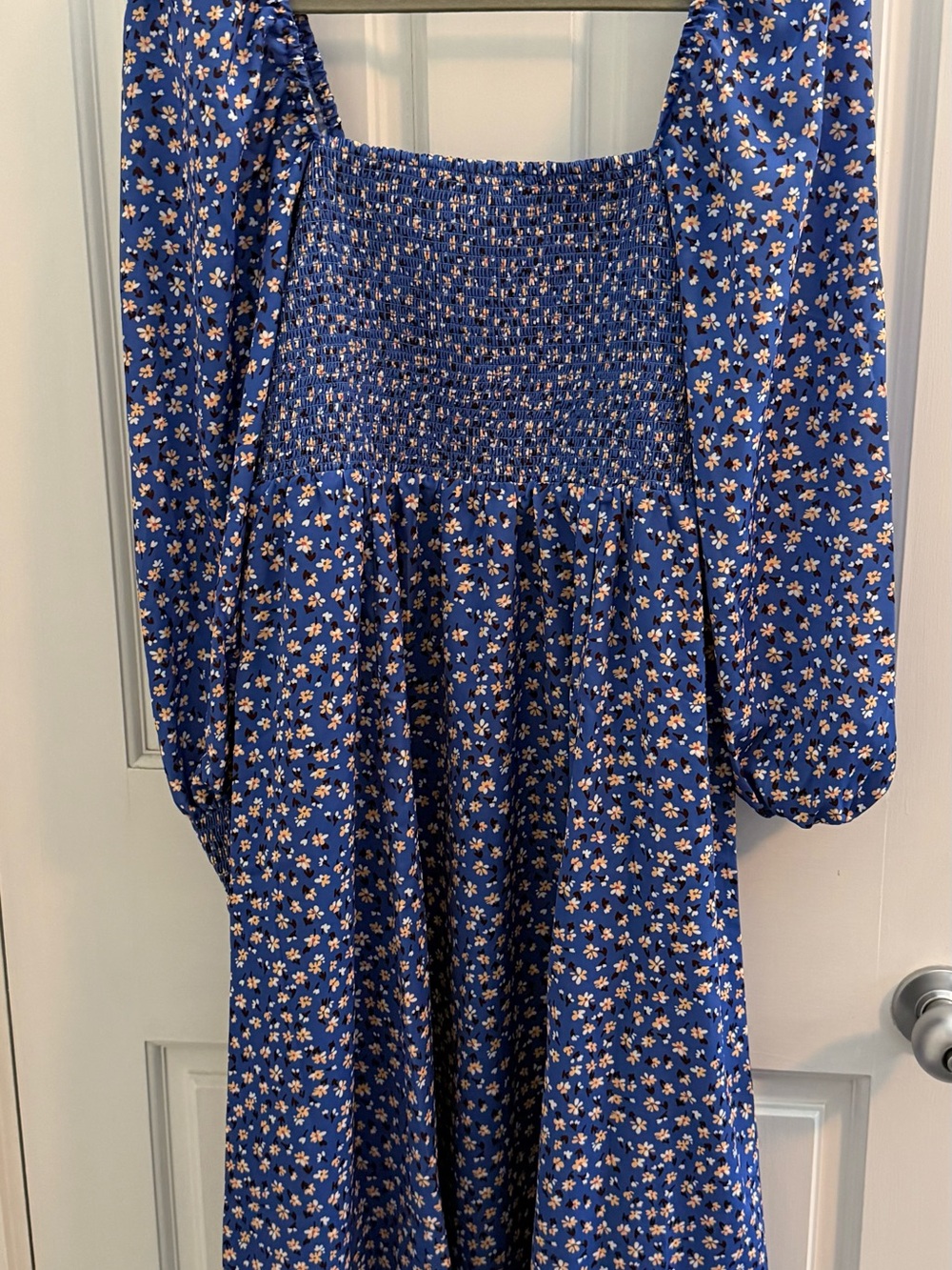 Blue Floral Smocked Midi Dress